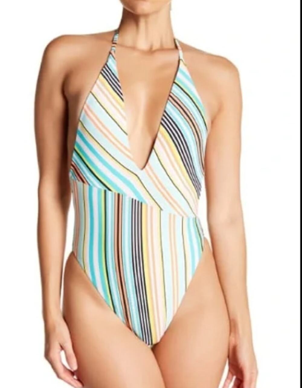 The Bikini Lab Striped Plunge Halter One Piece Swimsuit Women's M NWOT